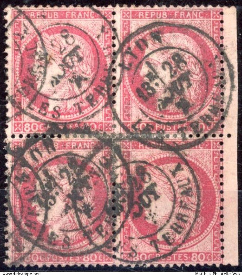 [O SUP] N° 57, 80c Rose En Bloc De 4 - Obl Càd 'Lyon' - Cote: 225€ - 1871-1875 Cérès