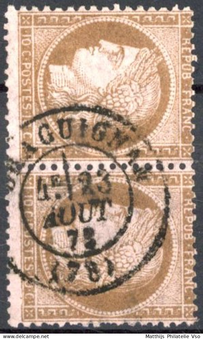 [O SUP] N° 58, 10c Brun/rose En Paire - Obl Càd 'Laguignan' - Cote: 40€ - 1871-1875 Cérès