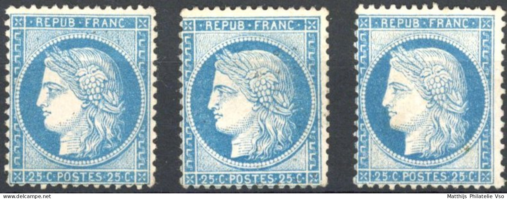 [(*) SUP] N° 60A/60C, 20c Bleu - Les 3 Types Dont Le Rare 60B (type II). Superbe Trio - Cote: 1090€ - 1871-1875 Ceres