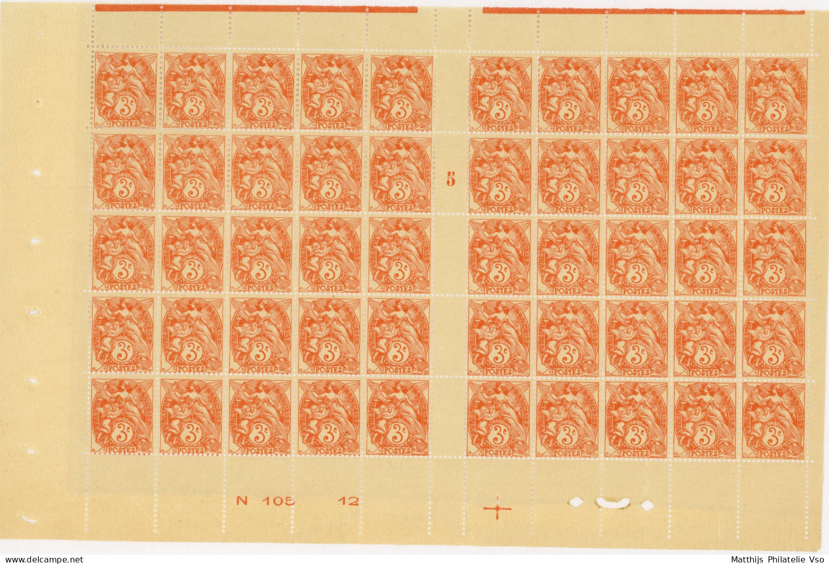 [** SUP] N° 109, 3c Orange En Feuille De 50, Millesime 5 - Fraîcheur Postale - 1900-29 Blanc
