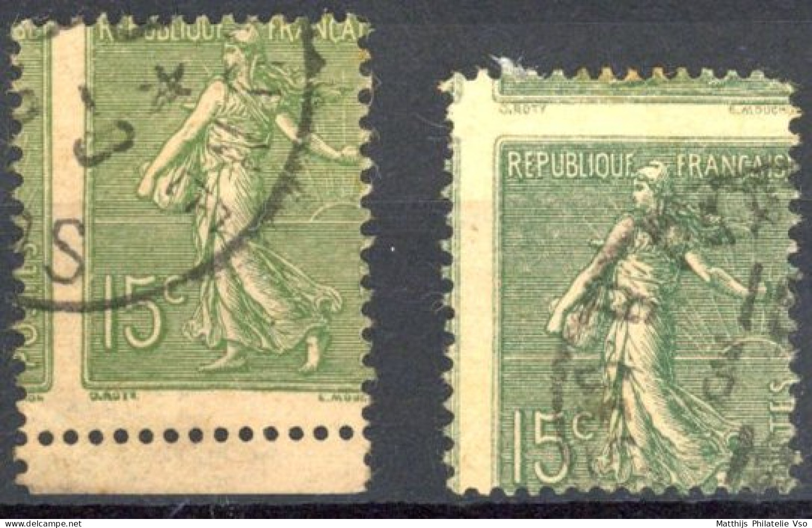 [O SUP] N° 130, 15c Vert-gris (2x) - Piquage à Cheval - 1903-60 Säerin, Untergrund Schraffiert