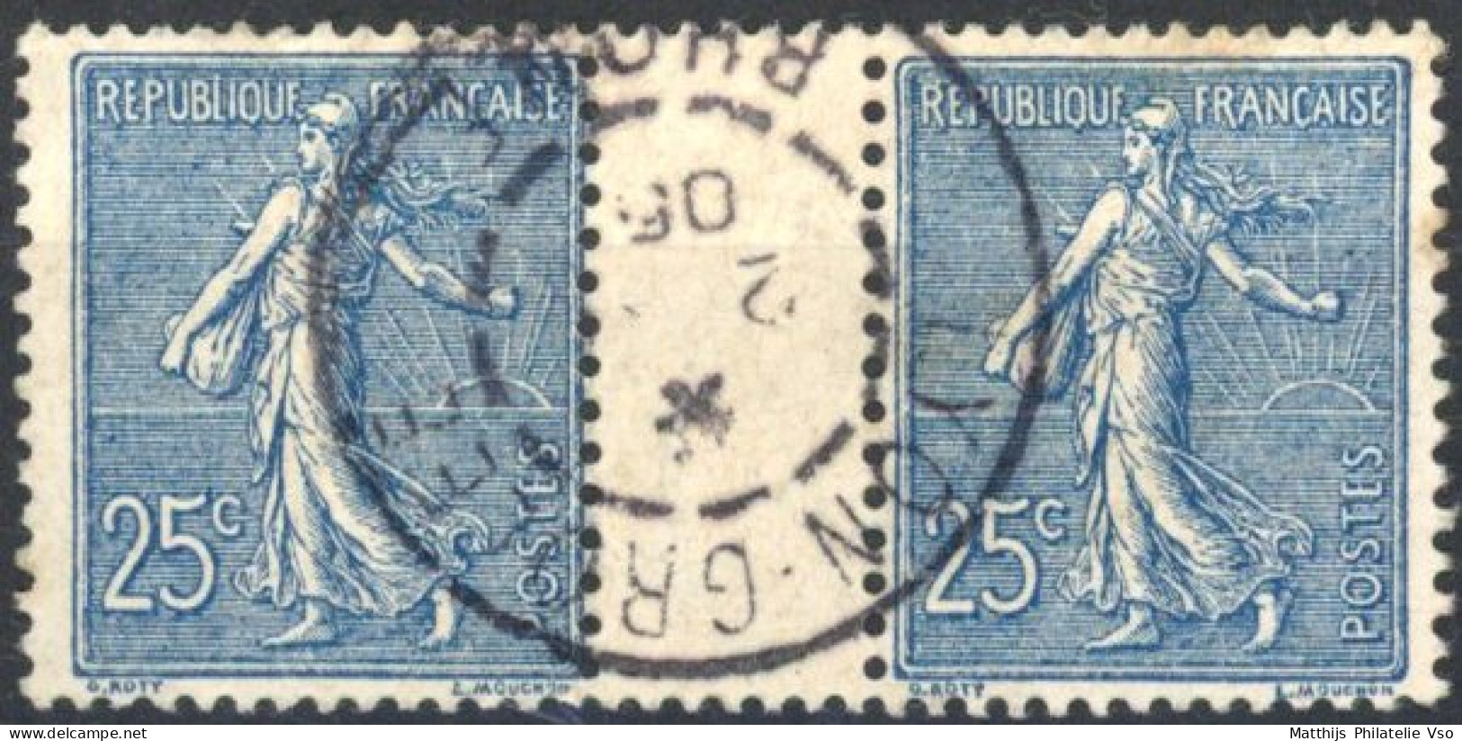 [O SUP] N° 132, 25c Bleu En Paire Interpanneau - Superbe Obl Centrale - 1903-60 Semeuse Lignée