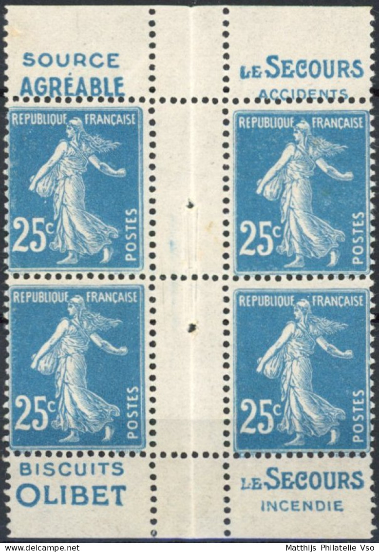 [** SUP] N° 140f, 25c Bleu (2x) Paire Verticale De Carnet Avec Pubs - Fraîcheur Postale - Cote: 260€ - 1903-60 Semeuse Lignée