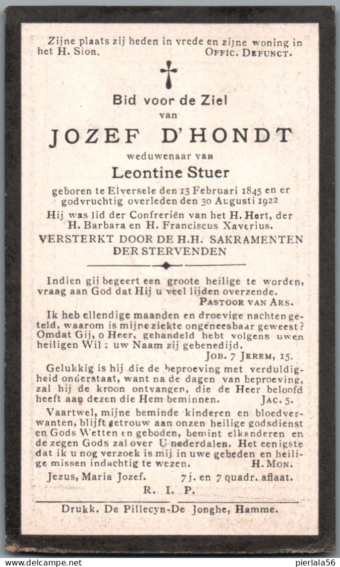 Bidprentje Elversele - D'Hondt Jozef (1845-1922) - Images Religieuses