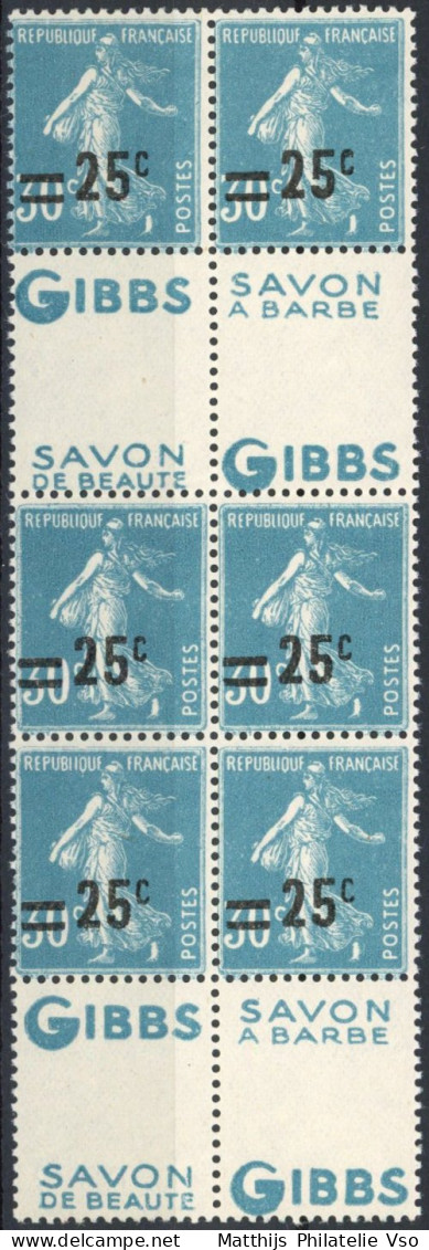 [** SUP] N° 217, Bloc De 6 Avec Interpanneau - Pub GIBBS - 1903-60 Säerin, Untergrund Schraffiert