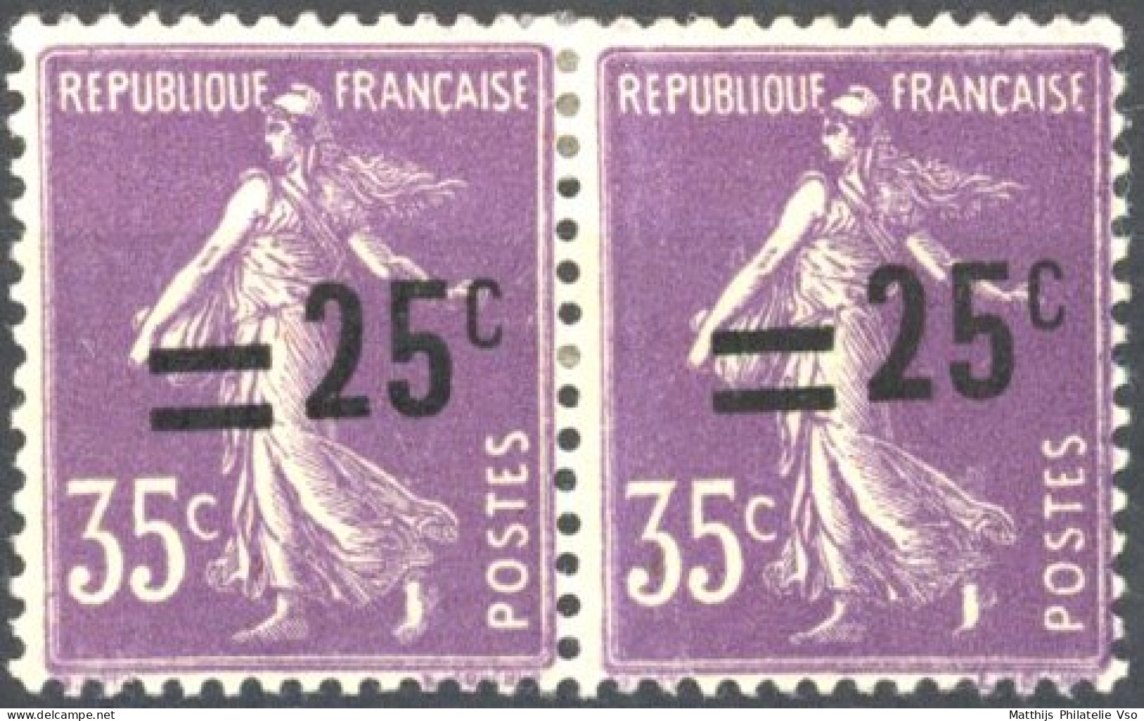 [* SUP] N° 218-cu, 25/35c Violet En Paire - Surcharge Fortement Déplacée - 1903-60 Semeuse Lignée