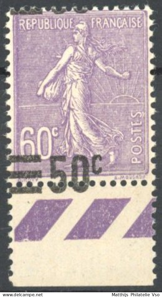 [** SUP] N° 223-cu, 50/60c Violet - Surcharge à Cheval - 1903-60 Semeuse Lignée