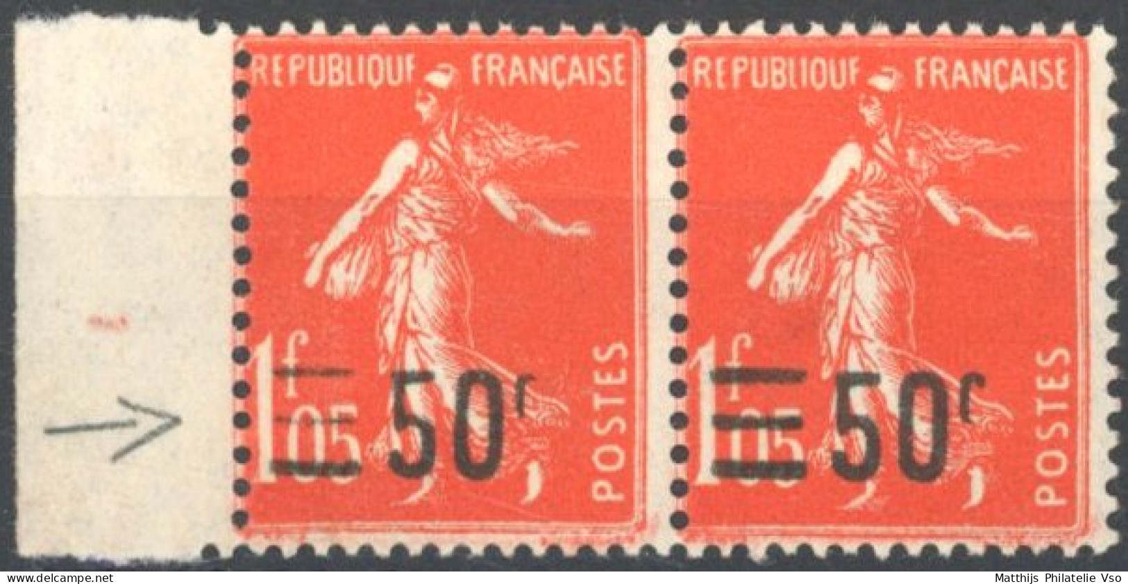 [** SUP] N° 225-cu, 50/1f05 Vermillon En Paire - Barres Maigres Sur Le Timbre 1 - 1903-60 Sower - Ligned