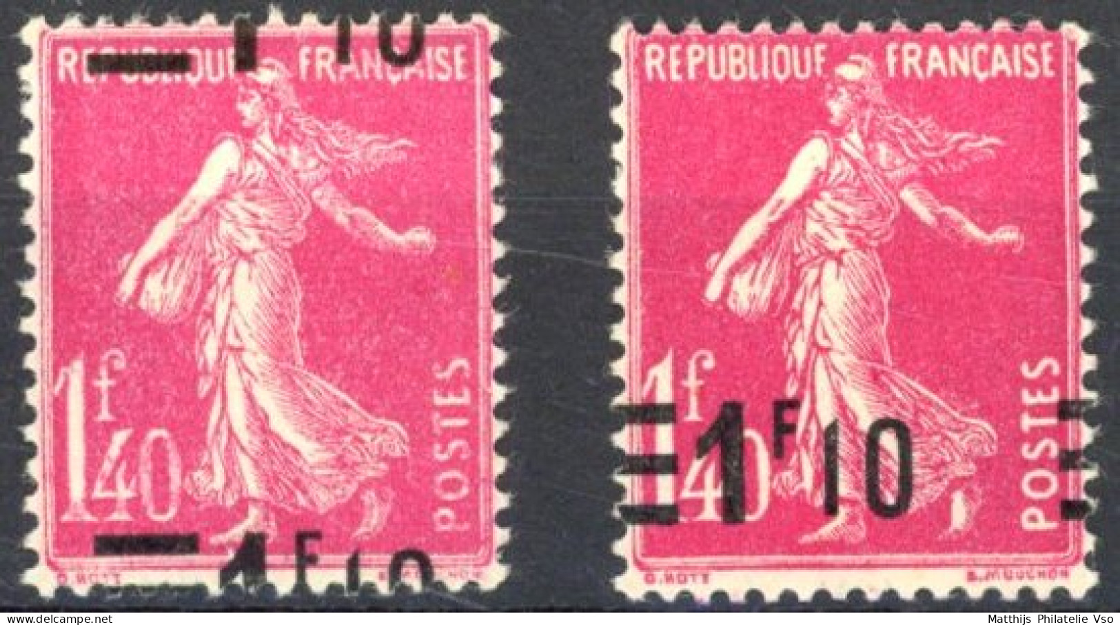 [* SUP] N° 228-cu, 1f10/1f40 Rose (2x) - Surcharge à Cheval - 1903-60 Sower - Ligned