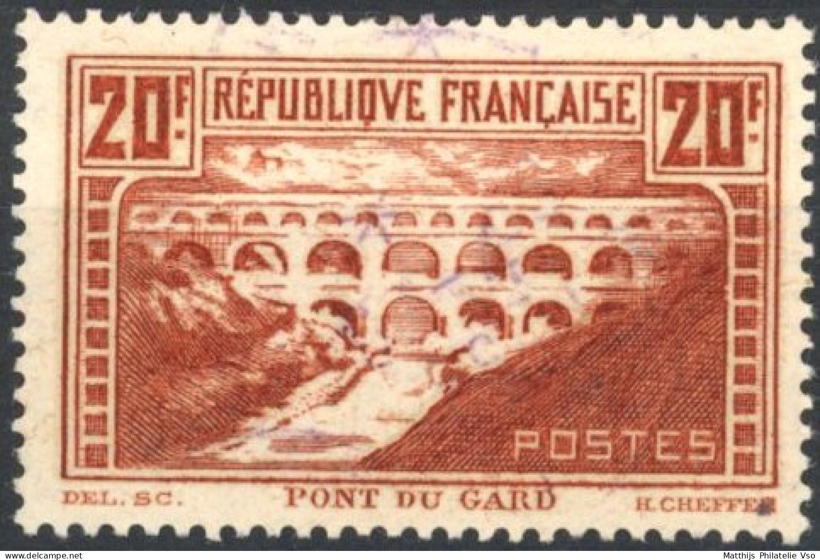 [O SUP] N° 262b, 20f Pont Du Gard (IIB), Rivière Blanche - Oblitération Quasi Absente - Cote: 55€ - Used Stamps