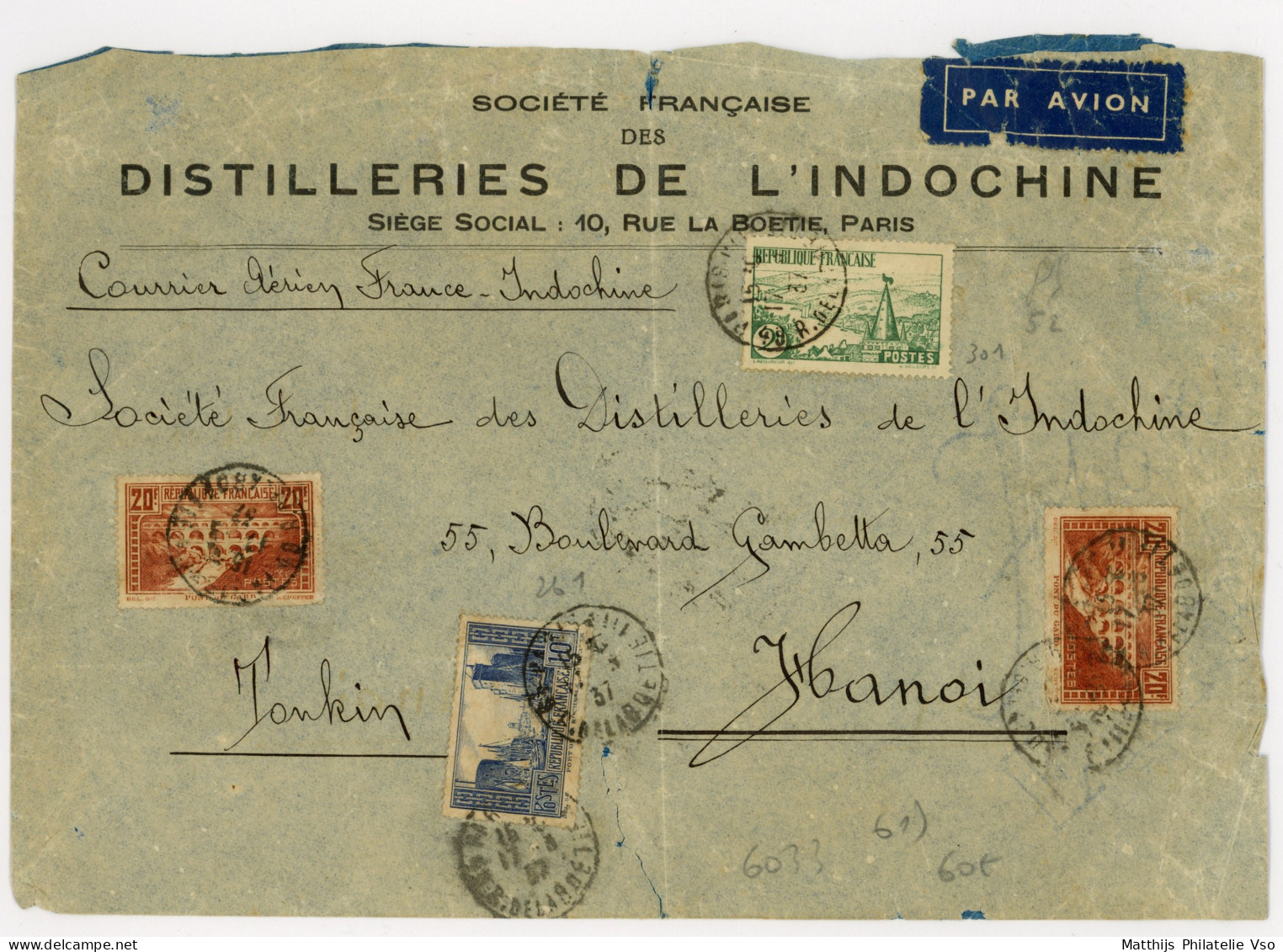 [Document B/TB] N° 262(2x)+261+301 Sur Lettre Fatiguée De Paris (rue De La Boétie) En 1937 Vers Hanoi - Indochine - Cote - Other & Unclassified