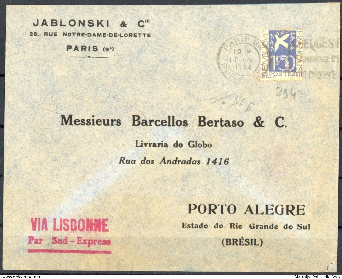 [Document SUP] N° 294, Colombe Seul Sur TB Lettre De Paris En 1934 Vers Le Brésil - Cote: 45€ - Andere & Zonder Classificatie