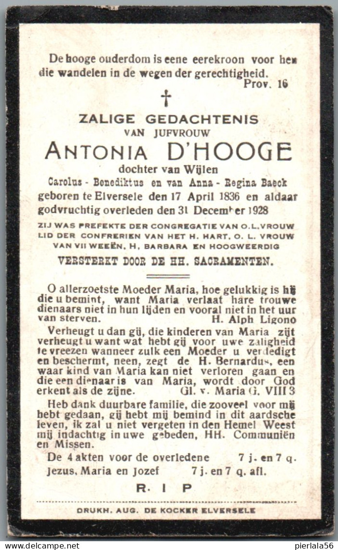 Bidprentje Elversele - D'Hooge Antonia (1836-1928) - Images Religieuses