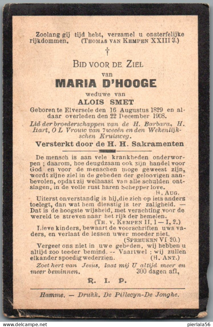 Bidprentje Elversele - D'Hooge Maria (1829-1908) - Devotieprenten