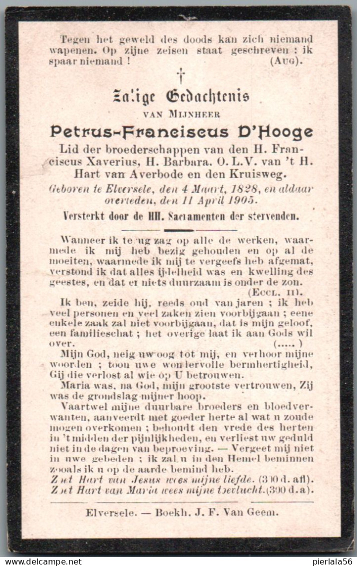 Bidprentje Elversele - D'Hooge Petrus Franciscus (1828-1905) - Devotieprenten