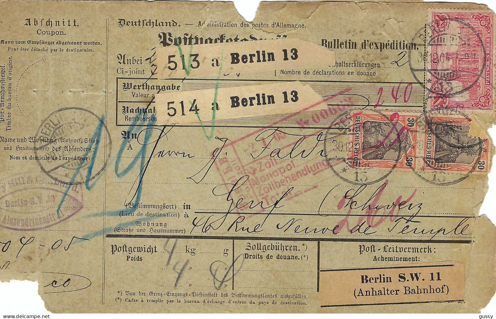 ALLEMAGNE Ca.1904: Bulletin D'Expédition De Berlin Pour Genève (Suisse) - Covers & Documents