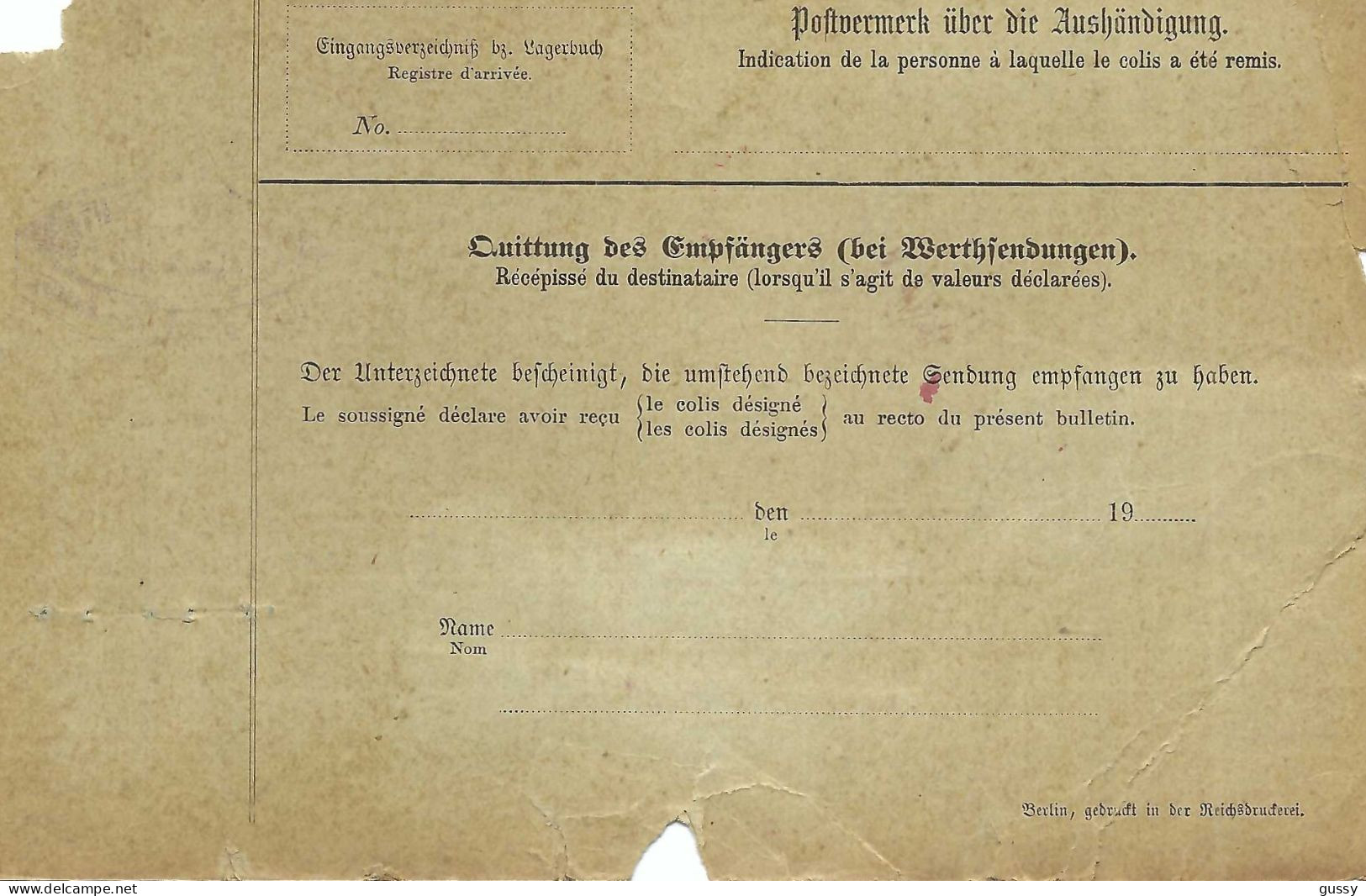 ALLEMAGNE Ca.1904: Bulletin D'Expédition De Berlin Pour Genève (Suisse) - Covers & Documents