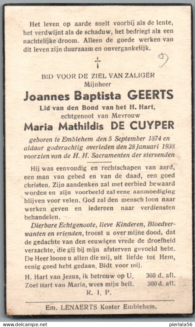 Bidprentje Emblehem - Geerts Joannes Baptista (1874-1938) - Images Religieuses