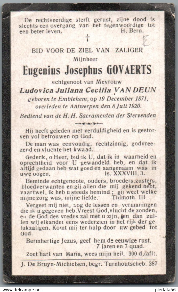 Bidprentje Emblehem - Govaerts Eugenius Josephus (1871-1920) - Andachtsbilder