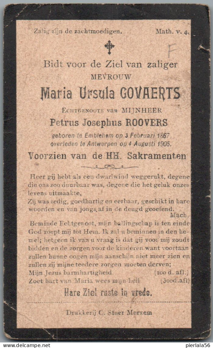 Bidprentje Emblehem - Govaerts Maria Ursula (1867-1905) Hoekplooi - Images Religieuses