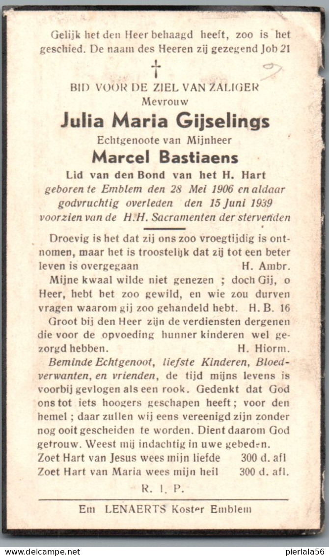 Bidprentje Emblem - Gijselings Julia Maria (1906-1939) - Devotion Images