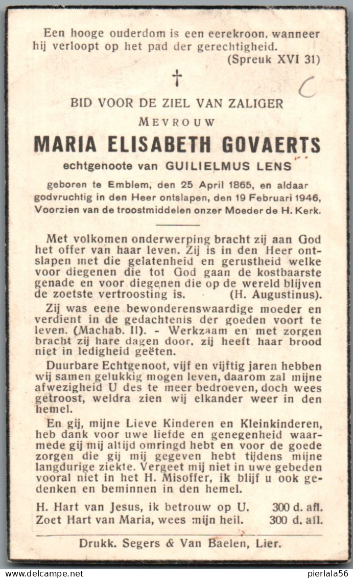 Bidprentje Emblem - Govaerts Maria Elisabeth (1865-1946) - Devotion Images