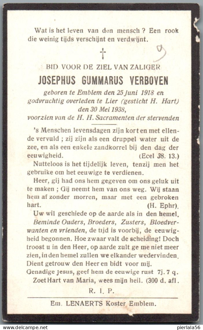 Bidprentje Emblem - Verboven - Josephus Gummarus (1918-1938) - Devotion Images