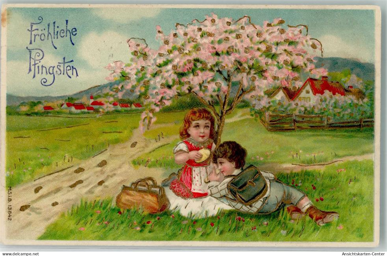10684609 - Zwei Kinder Piknicken Unter Bluehendem Obstbaum Lithographie Meissner U. Buch 13842 - Pfingsten