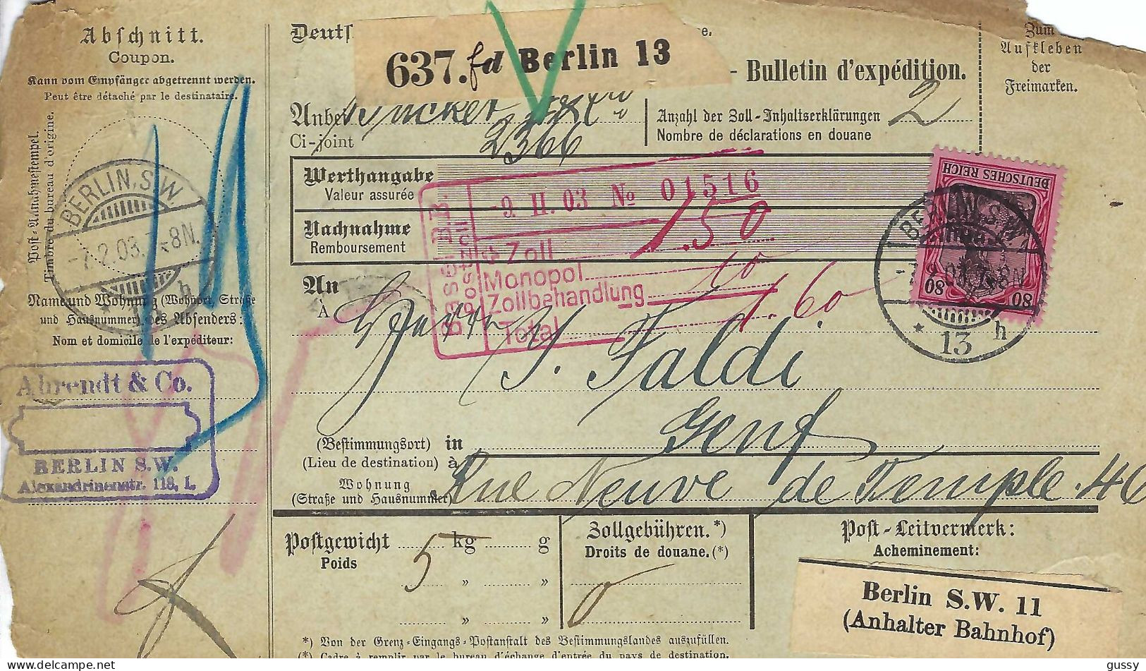 ALLEMAGNE Ca.1903: Bulletin D'Expédition De Berlin Pour Genève (Suisse) - Lettres & Documents