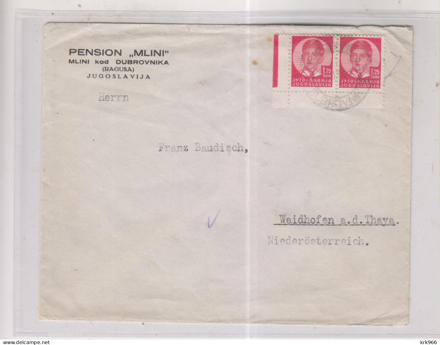YUGOSLAVIA 1936 DUBROVNIK Mice Cover To Austria PENSION MLINI - Covers & Documents