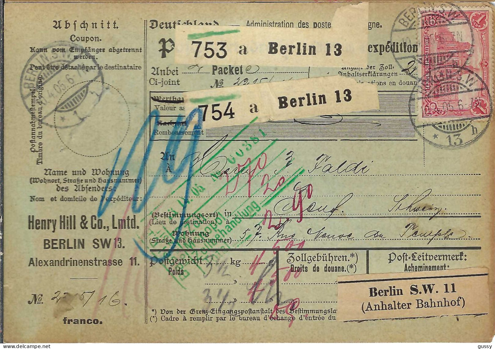 ALLEMAGNE Ca.1905: Bulletin D'Expédition De Berlin Pour Genève (Suisse) - Briefe U. Dokumente