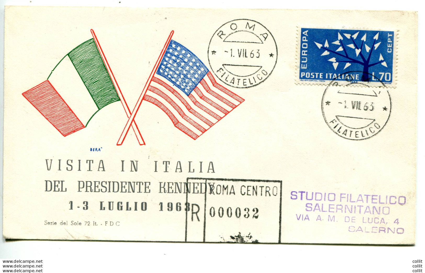 Visita Presidente Kennedy In Italia - Busta Con Bandiere - 1946-60: Marcophilie
