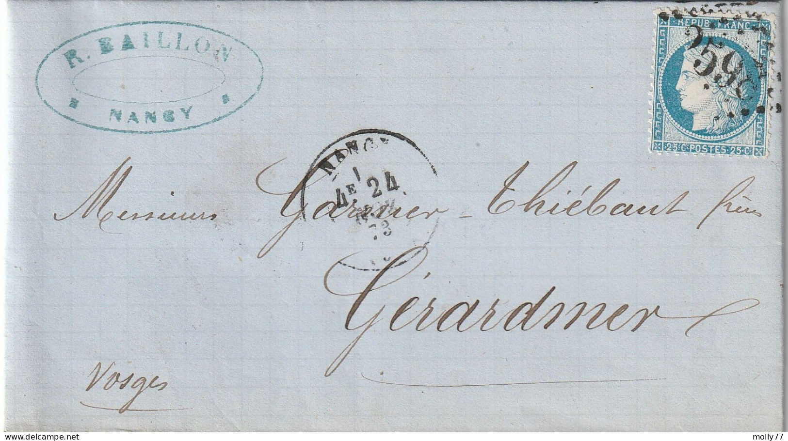 Lettre De Nancy à Gérardmer LAC - 1849-1876: Période Classique