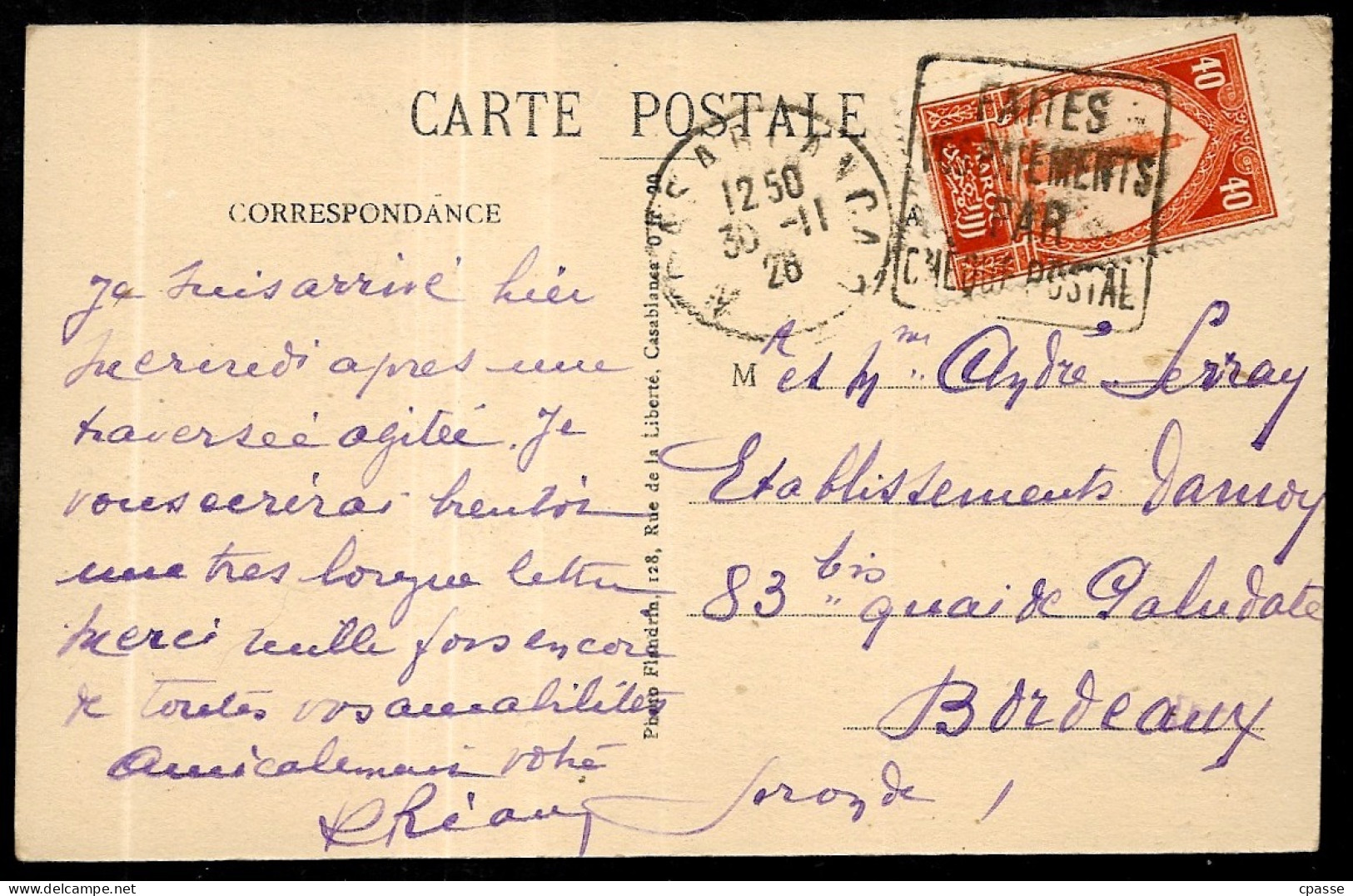 1926 Maroc Cachet DAGUIN Casablanca "Faites Vos Paiements Par Chèque Postal" Sur CPA "Rue De L'Horloge" - Covers & Documents