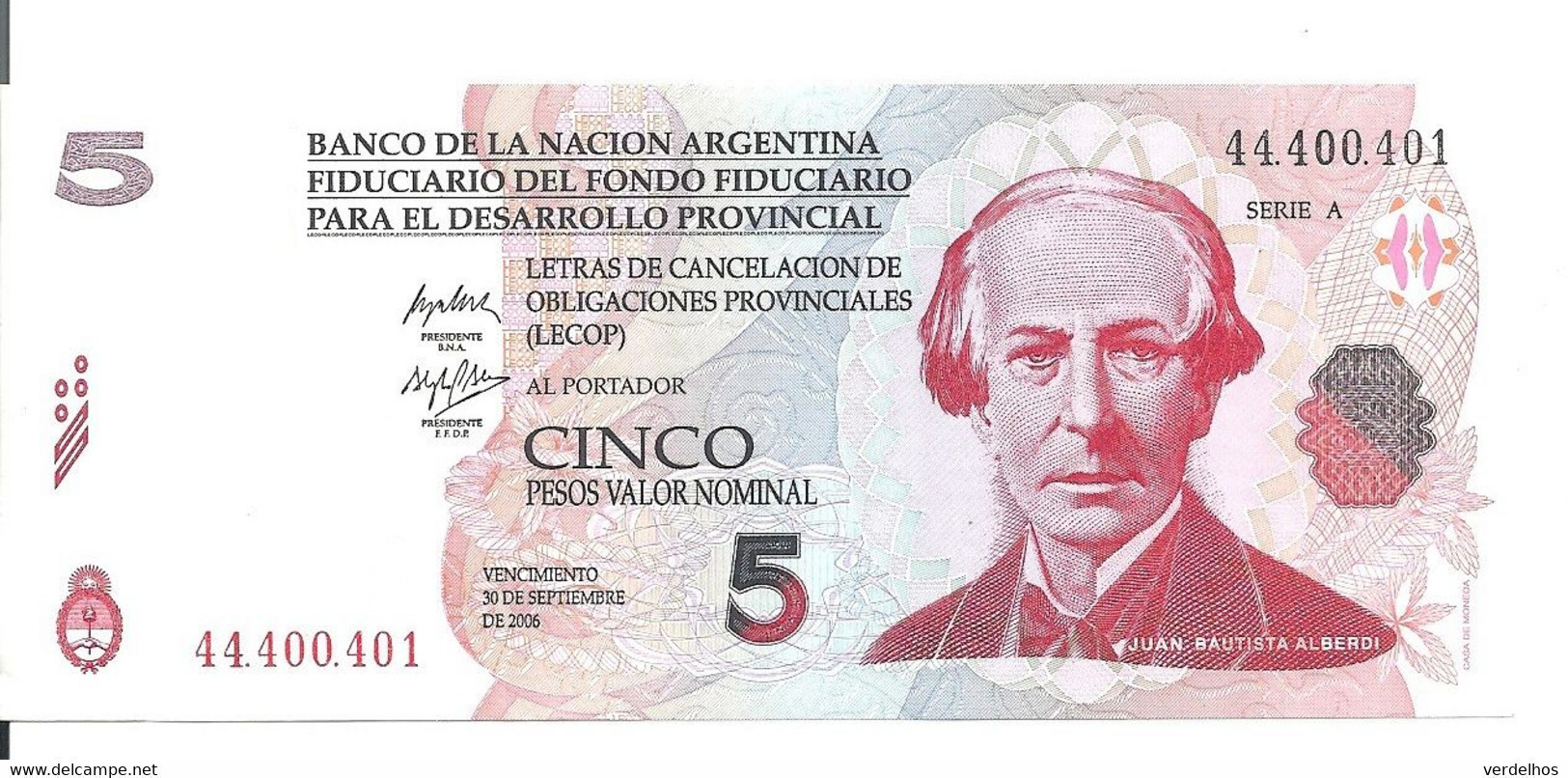 ARGENTINE 5 PESOS LECOP 2006 AUNC - Argentinië