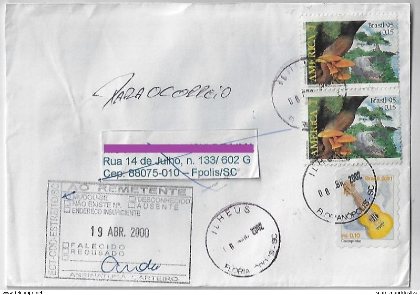 Brazil 2002 Returned To Sender Cover From Florianópolis Agency Ilhéus Stamp Mushrooms Alligator And Musical Instrument - Lettres & Documents