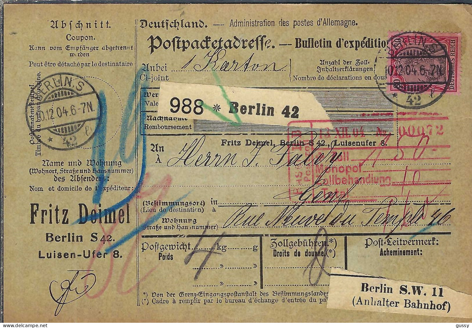 ALLEMAGNE Ca.1904: Bulletin D'Expédition De Berlin Pour Genève (Suisse) - Briefe U. Dokumente
