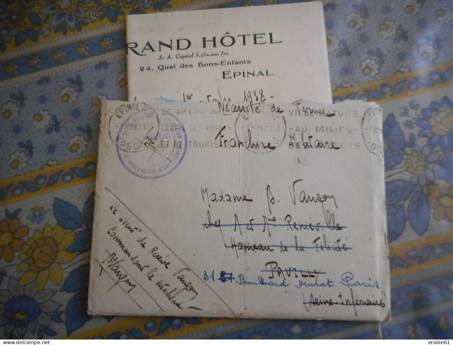 LETTRE 1938 GRAND HOTEL EPINAL TAMPON MILITAIRE 51 EME DEMI BRIGADE D AEROSTIERS LE COMMANDANT - Documents