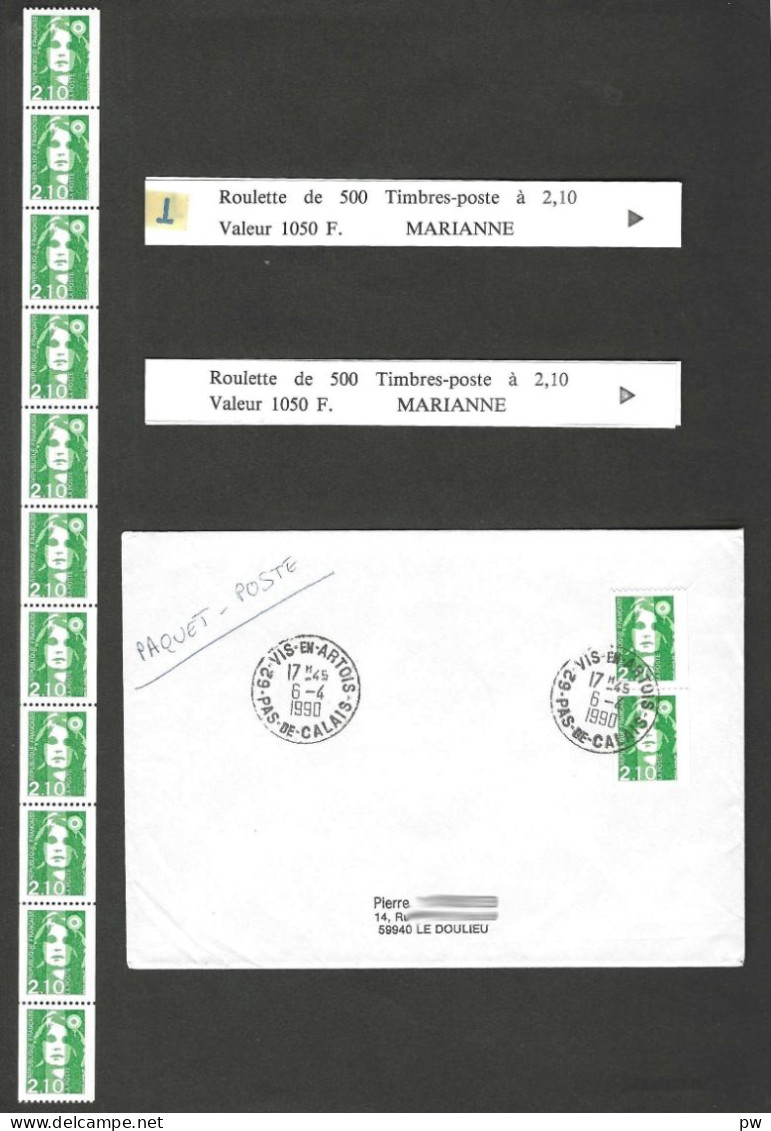 FRANCE YT N° 2627a, 2627 MARIANNE DE BRIAT ROULETTE YT N° 90  2,10 VERT, AVEC 3 TIMBRES NUMEROTES, ** Et Env - 1989-1996 Bicentenial Marianne