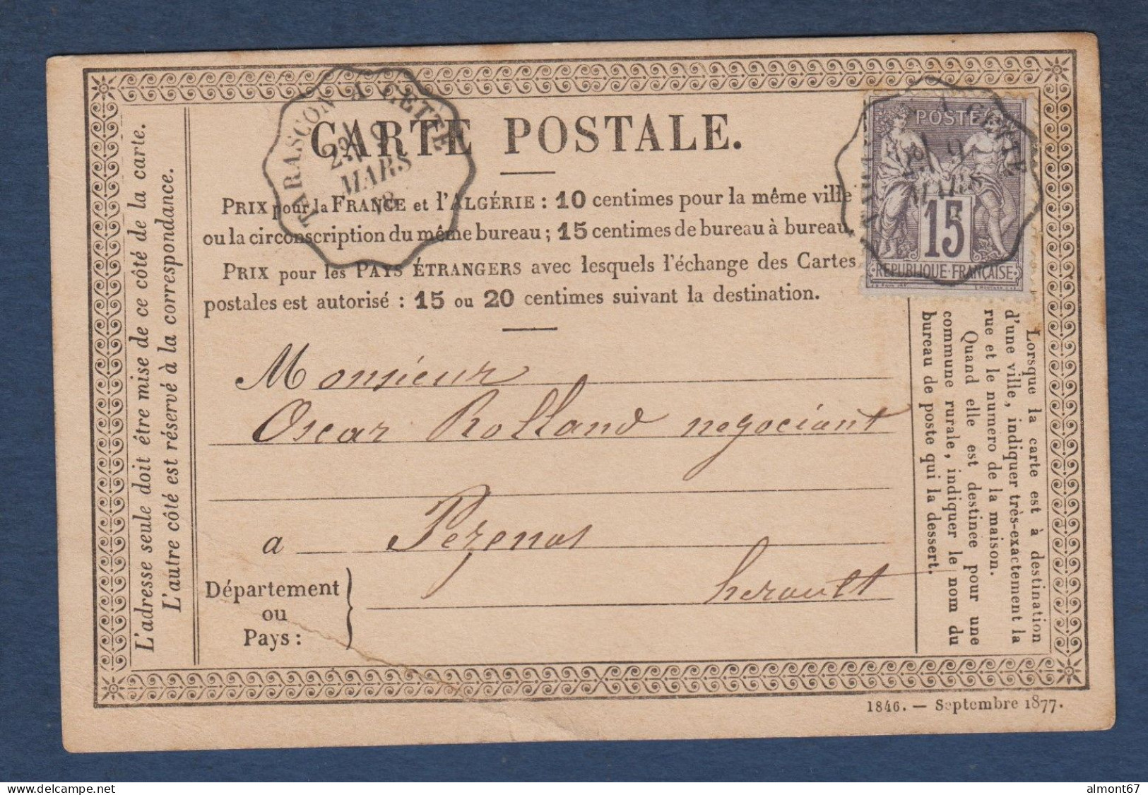 Convoyeur  TARASCON  A  CETTE  Sur Carte Avec 15c Sage - Railway Post