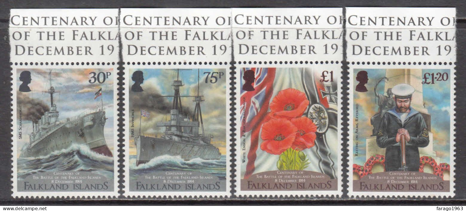 2014 Falkland Islands WWI World War I Battle Of The Falklands Navy  Ships Military Complete Set Of 4 MNH - Falkland