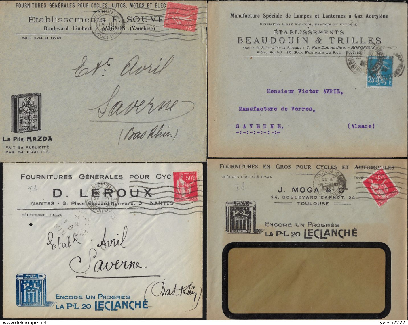 France Années 1920-1930. 10 Enveloppes Illustrées. Phares, Cycles, Motos, Générateurs, Autos, Acétylène, Projecteurs - Elektrizität