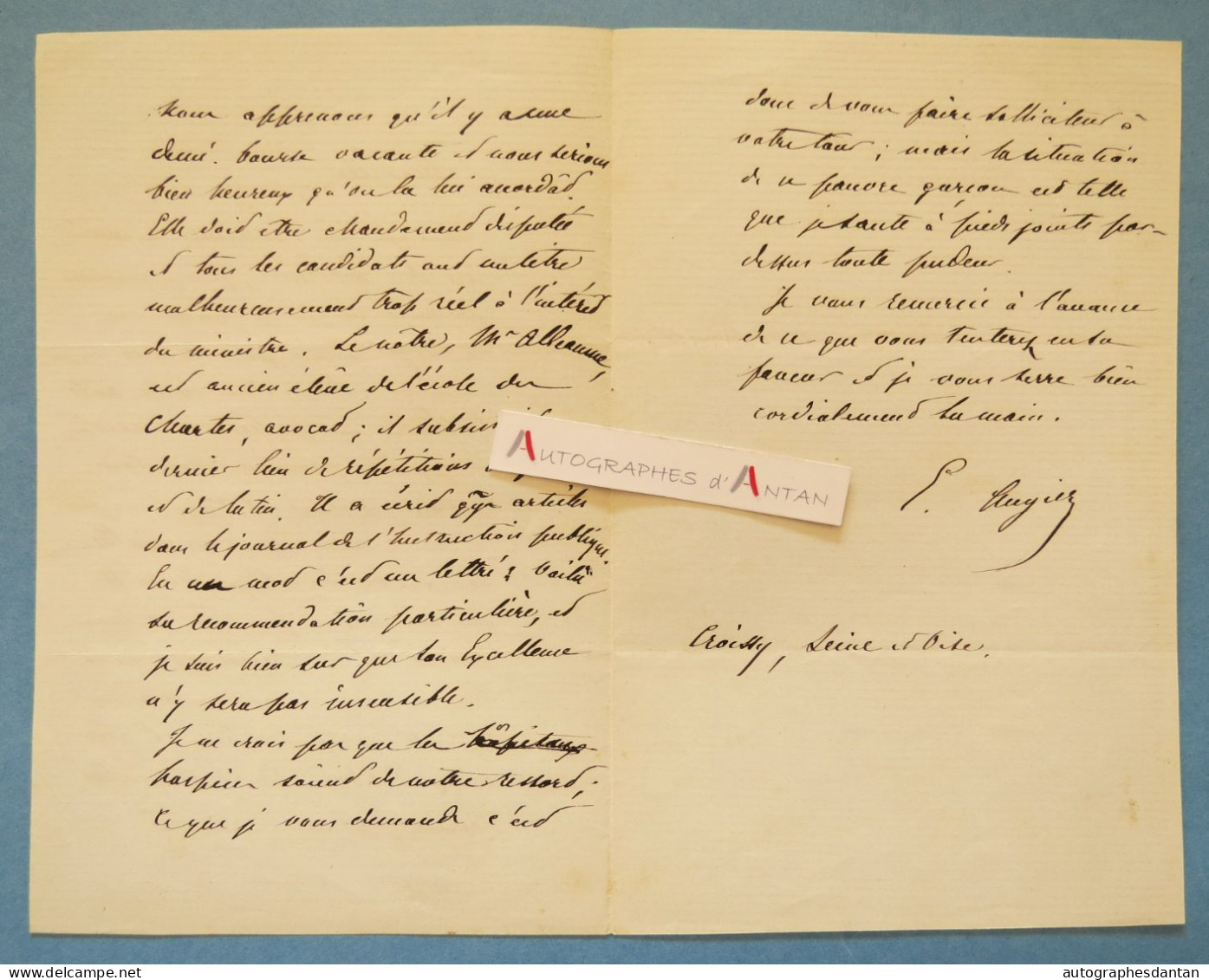 ● L.A.S Emile AUGIER - Croissy Seine Et Oise - Alleaume -  Poète Académicien Né à Valence (Drôme) Lettre Autographe - Schriftsteller