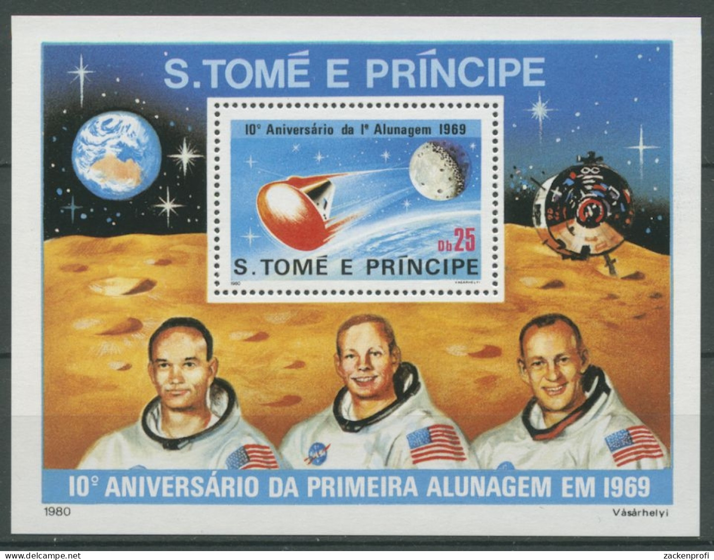 Sao Tomé Und Príncipe 1980 10 J. Erste Mondlandung Block 45 Postfrisch (C27038) - Sao Tome Et Principe