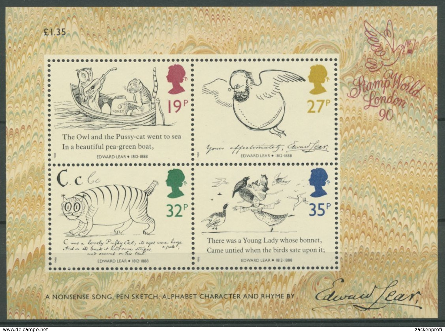 Großbritannien 1988 Edward Lear Dichter Und Maler Block 4 Postfrisch (C24830) - Blocks & Kleinbögen