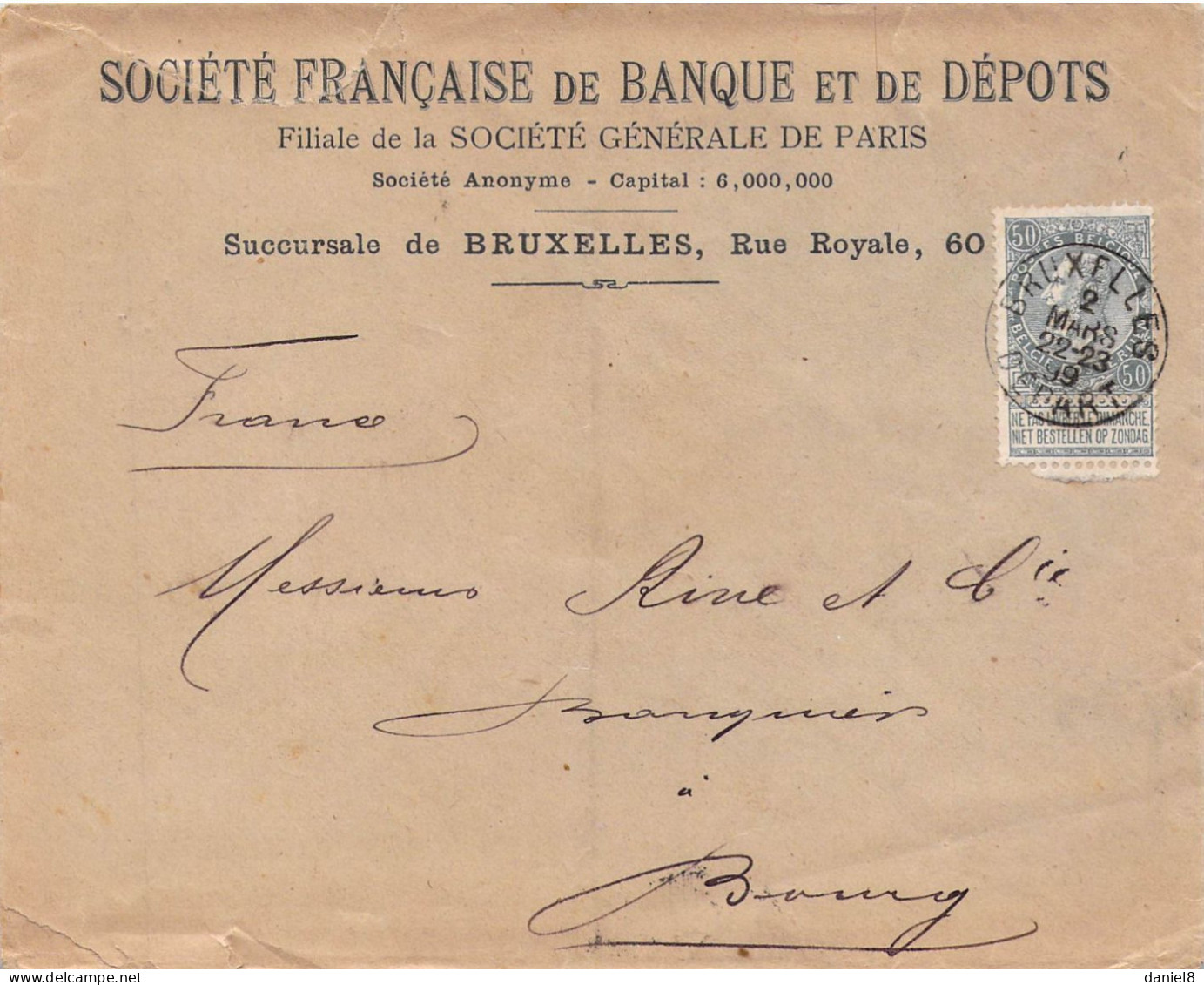 BELGIQUE LETTRE. SOCIETE FRANCAISE DE BANQUE ET DEPOTS BRUXELLES - Autres & Non Classés