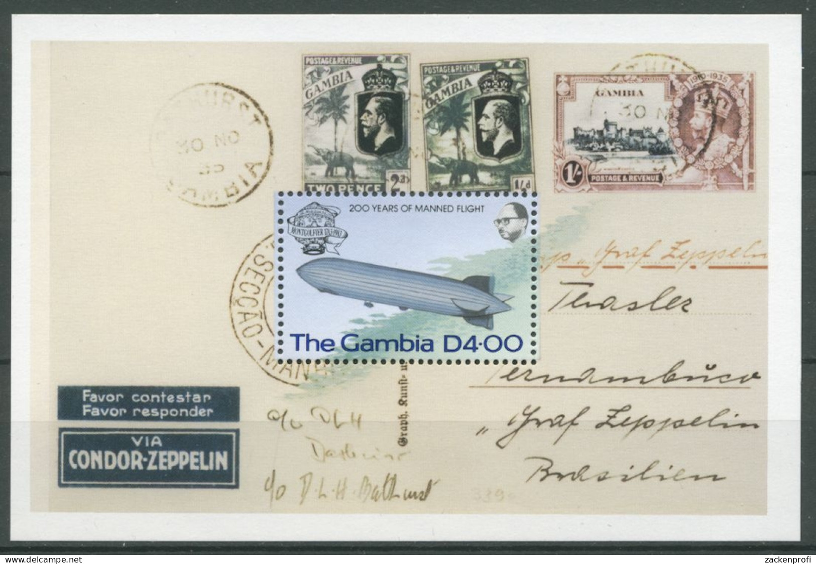 Gambia 1983 200 J. Luftfahrt Zeppelin 495 H-Bl. Postfrisch (C27016) - Gambie (1965-...)