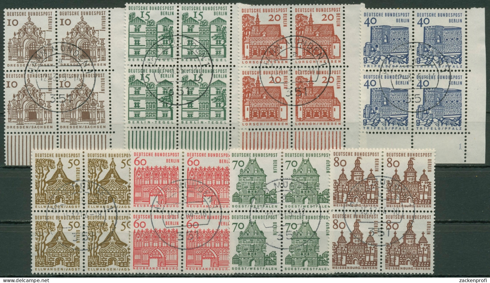 Berlin 1964/65 Kleine Bauwerke Bogenmarken 4er-Block 242/49 Gestempelt - Used Stamps