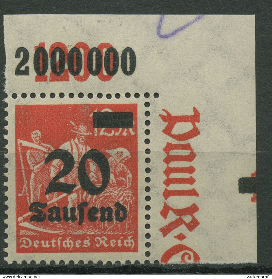 Deutsches Reich 1923 Mit Aufdruck Plattendruck 280 P OR Ecke Ob. Re. Postfrisch - Ungebraucht