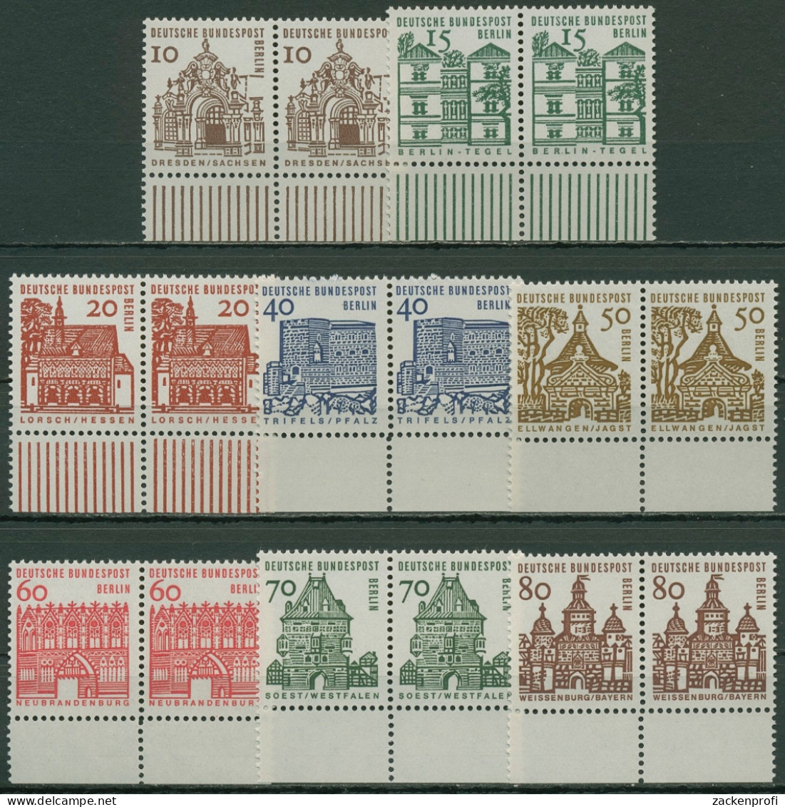 Berlin 1964/65 Kleine Bauwerke Waagerechte Paare 242/49 Unterrand Postfrisch - Unused Stamps
